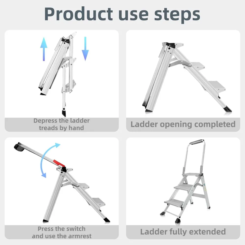 Escabeau Pro avec plate-forme à outils, tabouret pliant en aluminium à 3 marches avec pédale large antidérapante, pieds en caoutchouc, multi-léger