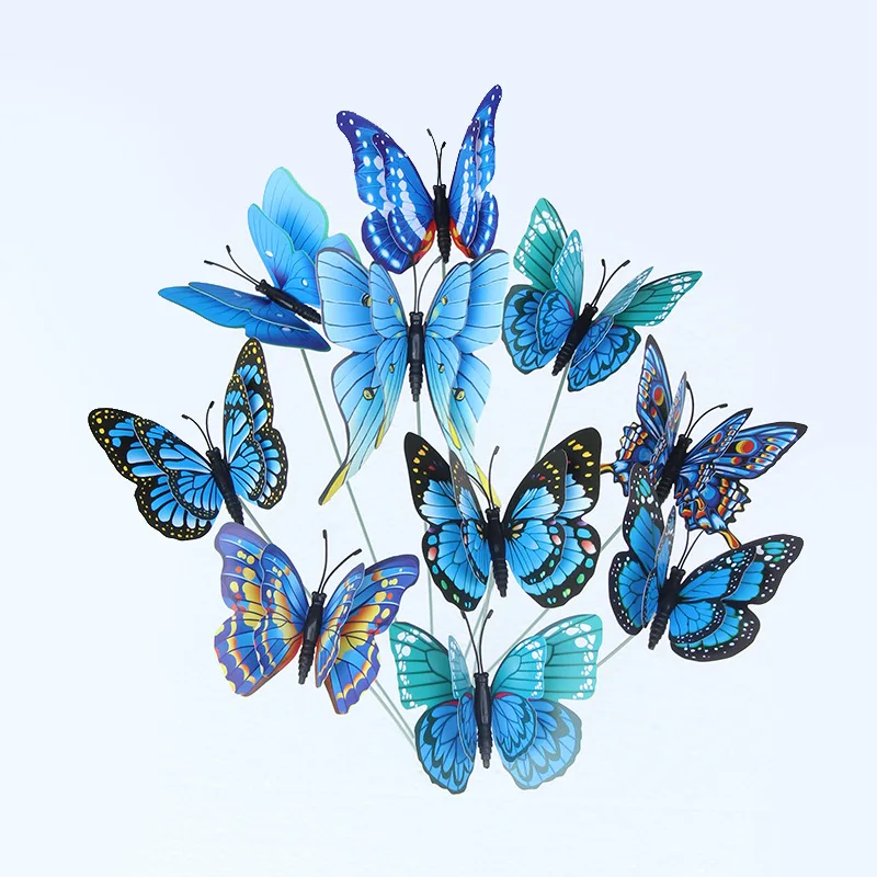 10Pcs Simulation Butterfly 3D Double Layer Wings Blue Butterfly Creative Home Garden Yard Bonsai Potted Flower Plant Decoration