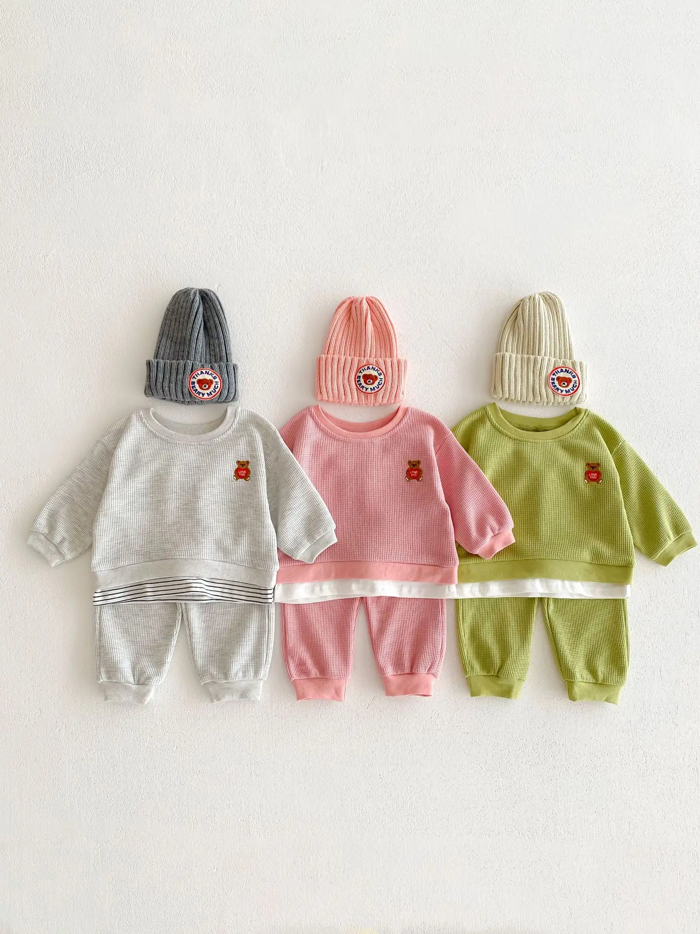 

2024 Spring New Baby Long Sleeve Clothes Set Infant Cartoon Casual Sweatshirt + Pants 2pcs Suit Toddler Boy Girl Waffle Outfits