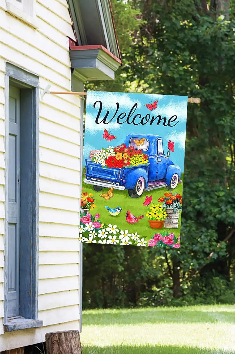 Welcome Flower Truck House Flag Spring Old Truck Blue Daisy House Yard Flag 28 x 40 Inch uui