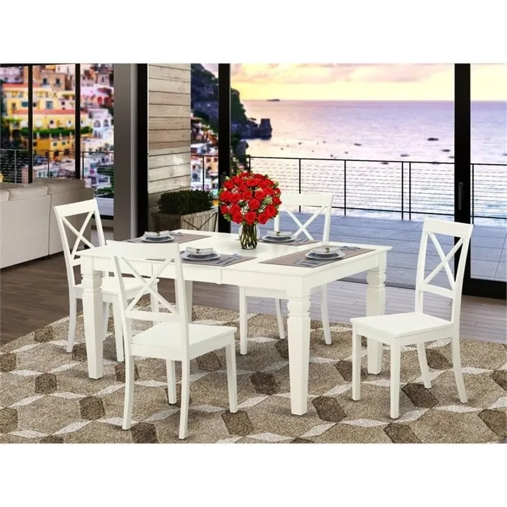 5 Piece Dinette Set for 4 Includes a Rectangle Room Table with Butterfly Leaf and 4 Dining Chairs, 42x60 Inch, Linen White