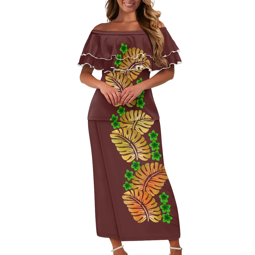 Feminino Puletasi Samoa Vestidos, Plissado Fora do Ombro, Roupas Tribais, Estampa Tropical, Ilha Verão, Conjunto de 2 Peças