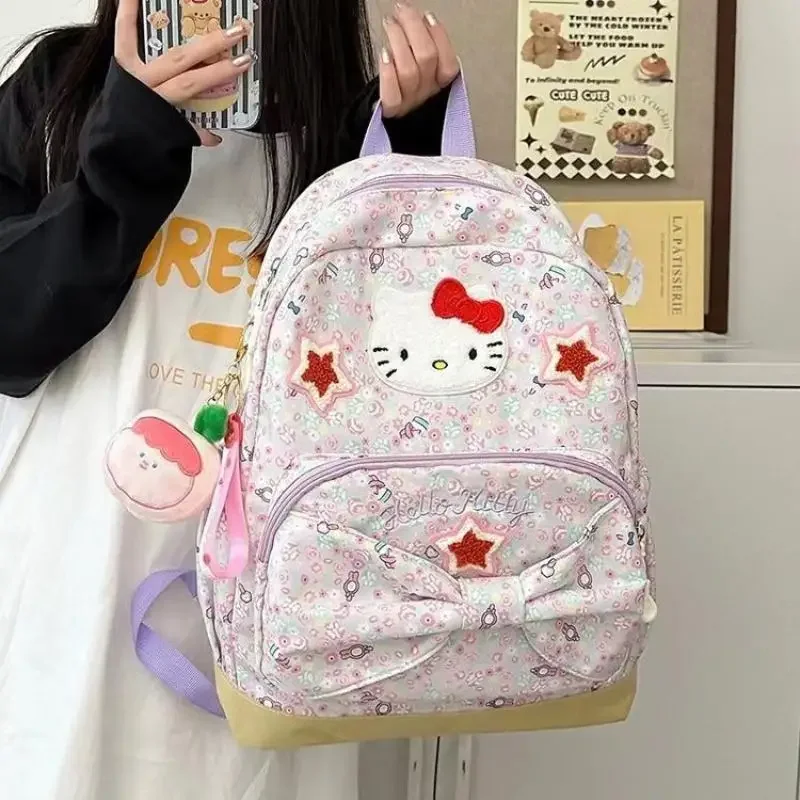 Детский рюкзак Hello Kitty Sanrios с бантом, милая школьная сумка с принтом, большая вместимость, кавайный мультфильм, студенческий холст, аниме-фигурка