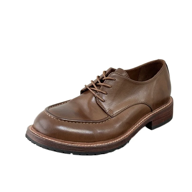

High End Retro Washed Genuine Leather Dress Shoes Men's Premium Handmade Square Toe Derby Cowhide Work Leather Shoes Male