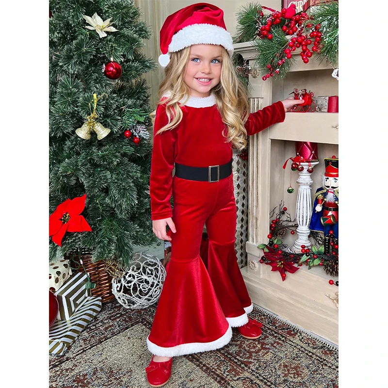 2025 New Arrival Child New Year Holiday Outfit Santa's Little Helper Costume Girls Red Little Santa Velvet Bell Bottom Set