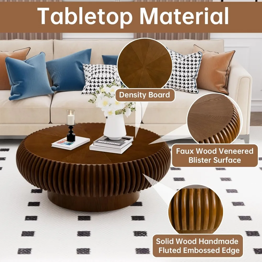 모던 플루티드 드럼 커피 테이블, 지름 31.4인치, 월넛 마감, 거실용