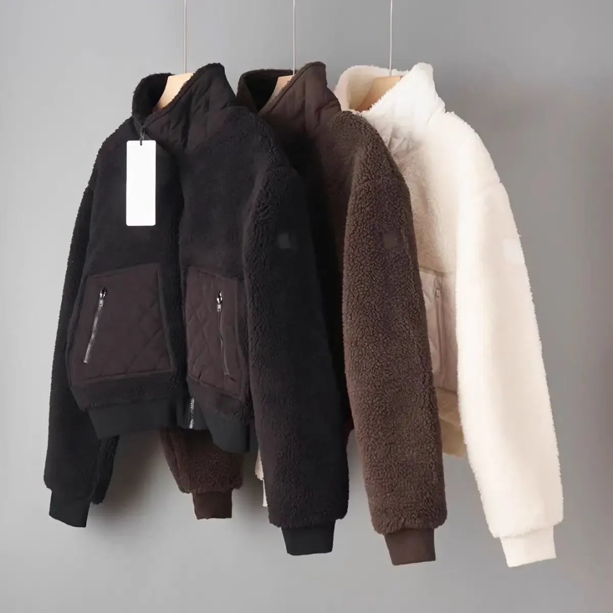 

al Winter New Women Warm Coat Design Patchwork Diamond Pocket Thickened Jacket Solid Color All-match Casual Collar Zipper Jacket