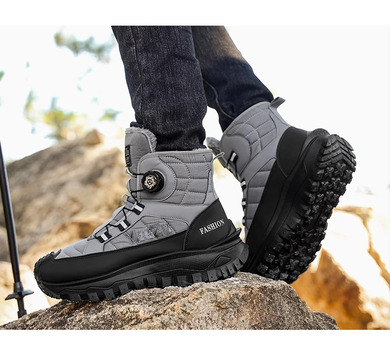 Ein Paar Herren-Wanderstiefel für Herbst und Winter, mit Fleece gefüttert, warm, stilvoll und vielseitig, hohe Schuhe in großen Größen, geeignet für Herbst- und Winteraktivitäten im Freien, Freizeit-Sportbekleidung. – Detail 9