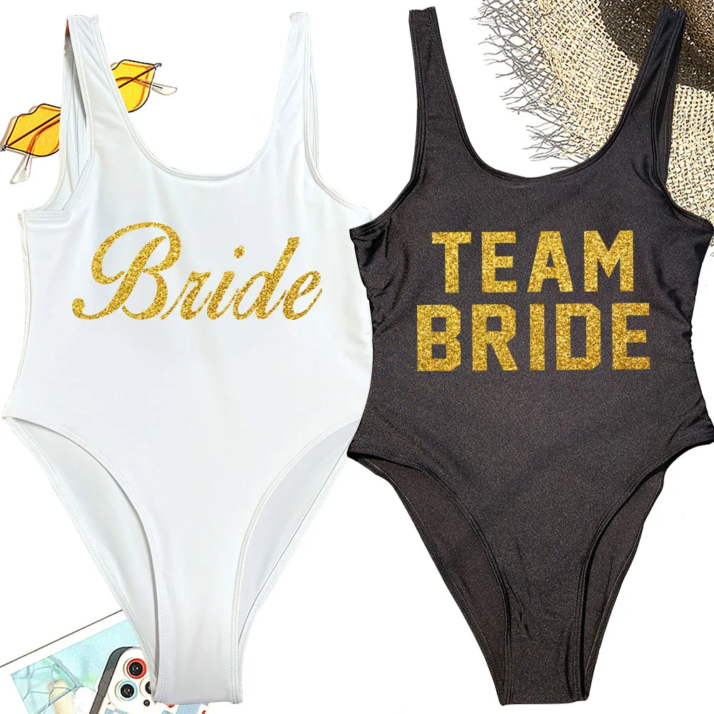 

Glitter Gold Print Bathing Suit Bachelor Party One-Piece Swimsuit Women TEAM BRIDE SQUAD TRIBE Swimwear Bikini Sexy Bodysuit