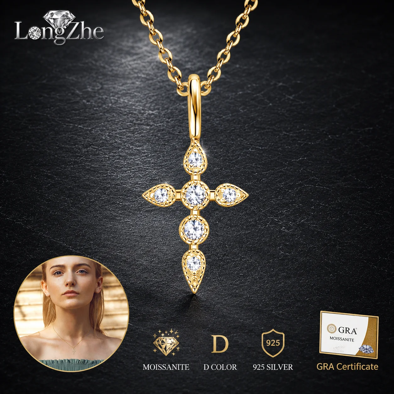 Moissanite Cross Pendant Necklace S925 Sterling Silver Dainty Christian Faith Jewelry Gold Silver Tone Gift for Women