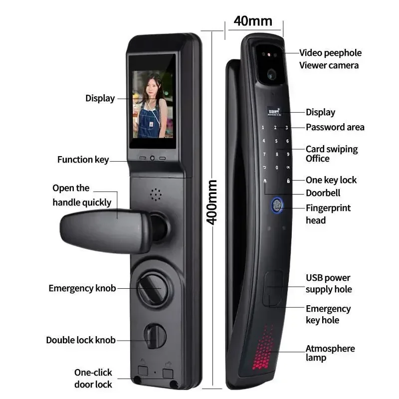 Handle Fingerprint Electronic Door With Camera 3D Face Smart Biometric Fingerprint Door