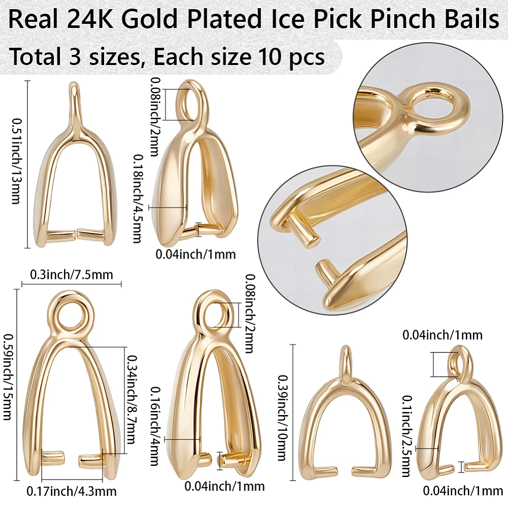 30Pcs 3 Style Rack Plating Eco-friendly Brass Ice Pick Bails Lead Free Cadmium Free Real 24K Gold Plated 13x4.5mm