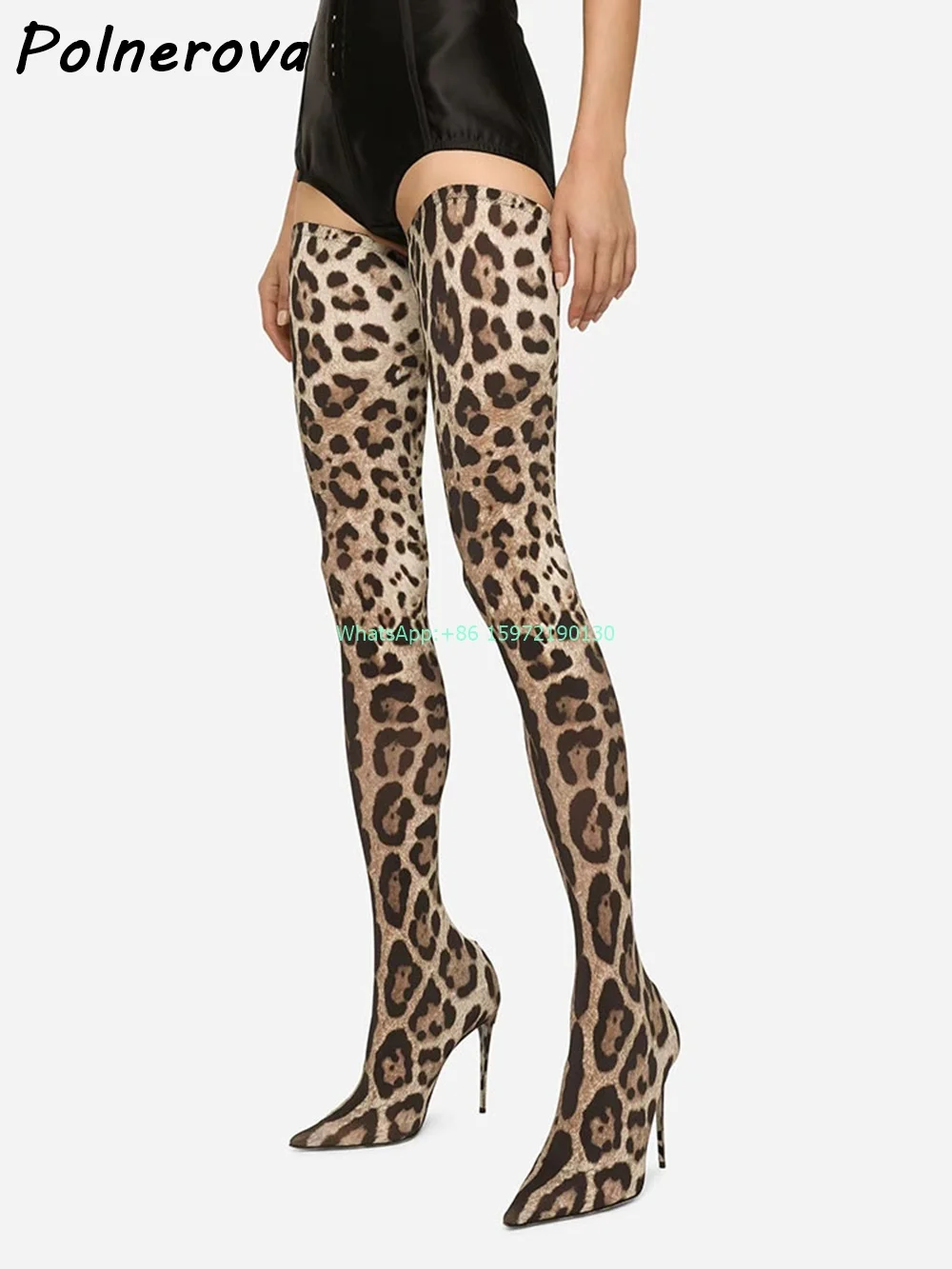 Leopard Print Extra Long Elastic Boots Pointy Toe Slip On High Heels Slip On Sexy Tight High Boots Ladies Runway Unique Boots