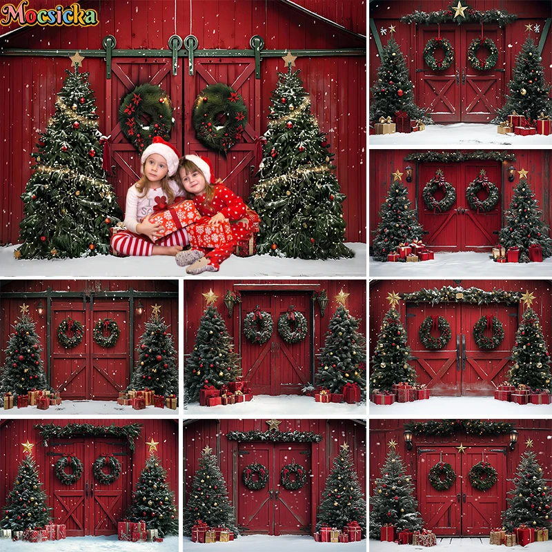 

Mocsicka Winter Red Barn Doors Kids Photography Adult Baby Xmas Photocall Snowy Trees Christmas Snowflake Forest Background