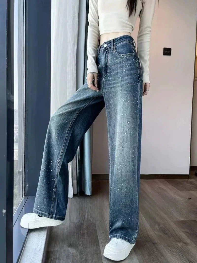 

Blue Trousers with Rhinestones Straight Leg High Waist Shot Womens Jeans Trend 2025 Pants for Women Clothes Basics Vintage