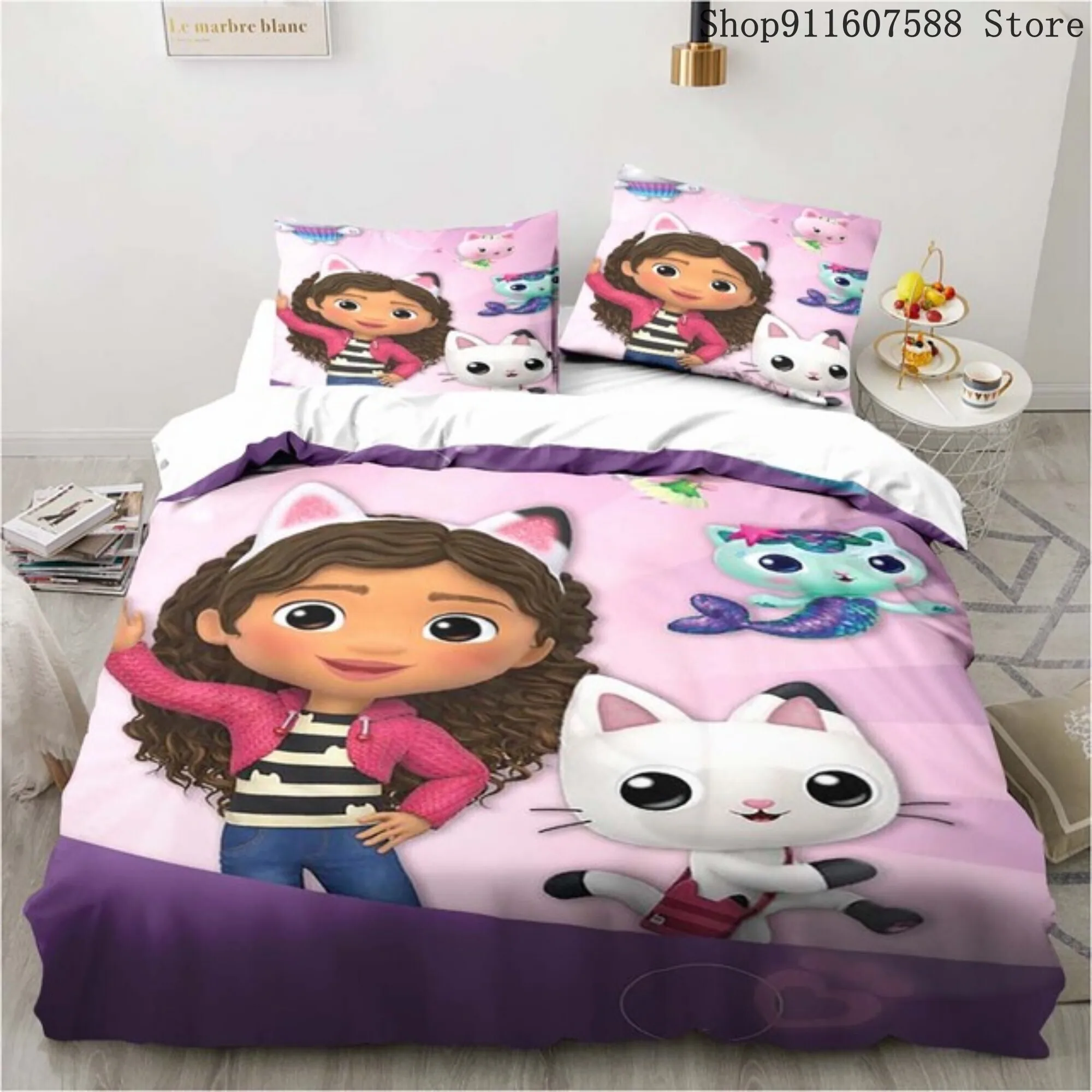 Gabby's Dollhouse Bedding Set Kawaii Bed Linen Set Single Double Size Home Decor For Girls Kids Cartoon Cute Cat Duvet Cover Set