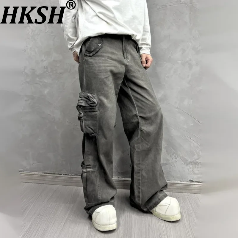 

HKSH 2026, новые мужские брюки-карго в стиле панк, винтажные брюки-карго с рваными карманами, индивидуальные свободные расклешенные повседневные модные трендовые широкие брюки