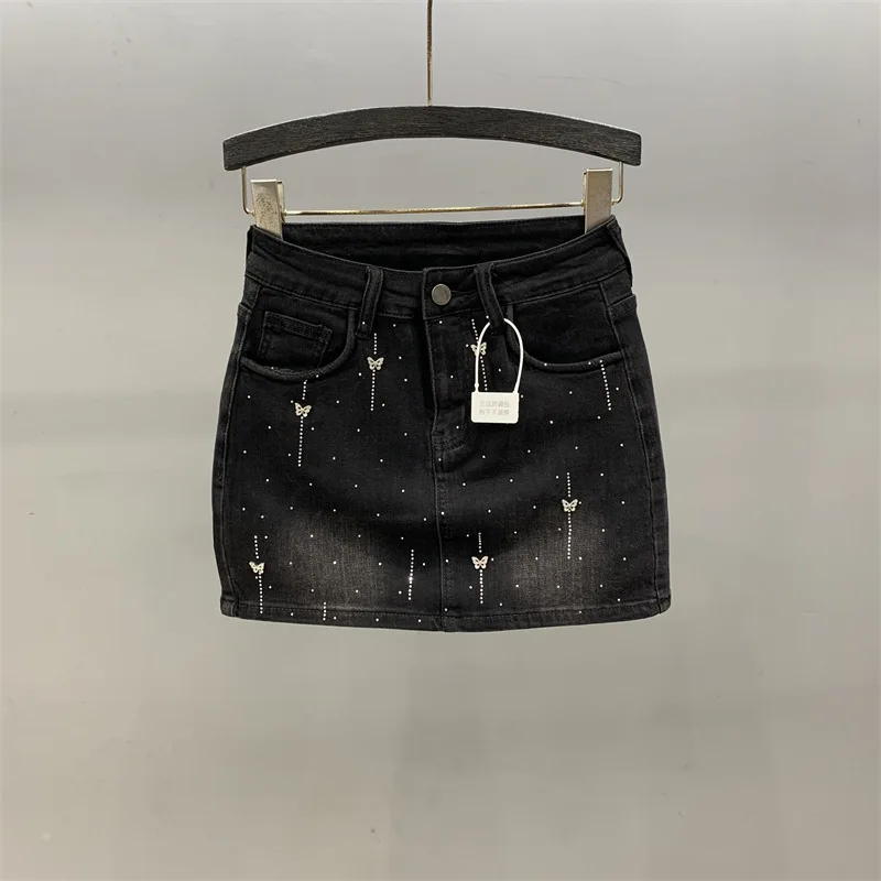 [ZOCI] Nostalgic Light Blue High Waisted Tight Fitting Bag Buttocks Rhinestone Denim Short Skirt Summer Wear New Styles