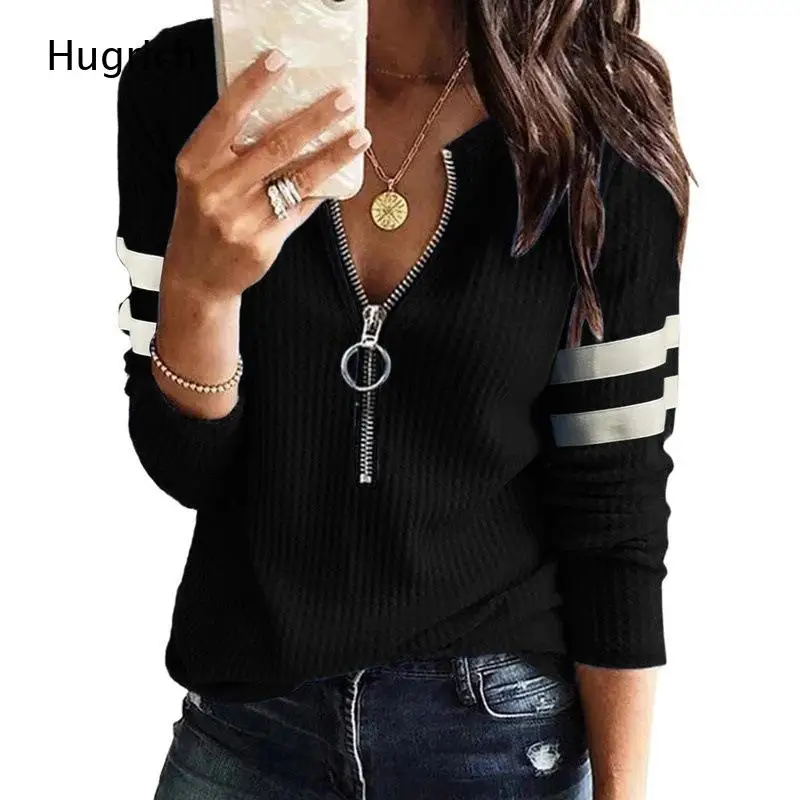 Mauve Waffle Knit Half O Ring Zip V Neck Double Striped Sleeve Long Sleeve Top Women Loose Fall Casual Pullover Shirt