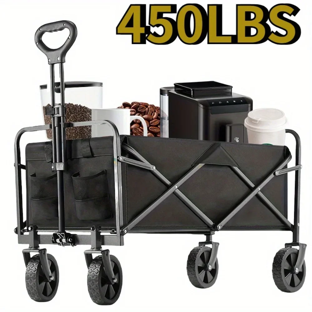 

450LB Capacity Heavy Duty Folding Coffee Wagon Cart with All-Terrain Wheels, Ergonomic Handle & Mesh Pockets Cart for Outdoor
