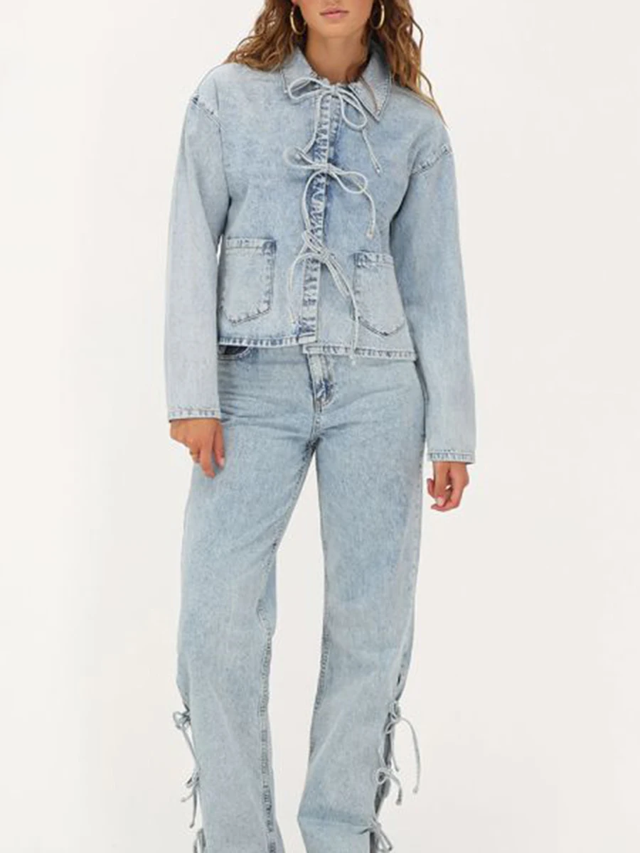 

Новая модная женская джинсовая куртка с завязками спереди и длинным рукавом с отложным воротником, пальто, топы, рубашка, клубный уличный стиль, горячая распродажа, S-XL