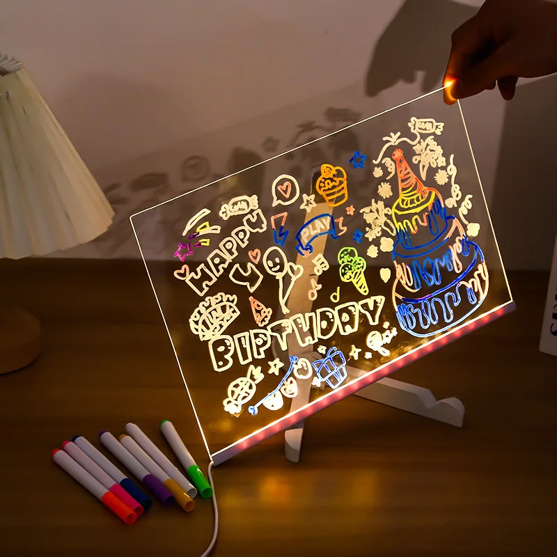 DIY Acrylic LED Note Board with 7 Pens Drawing Board Rechargeable Erasable Painting Drawing Boards Night Message Memo Board