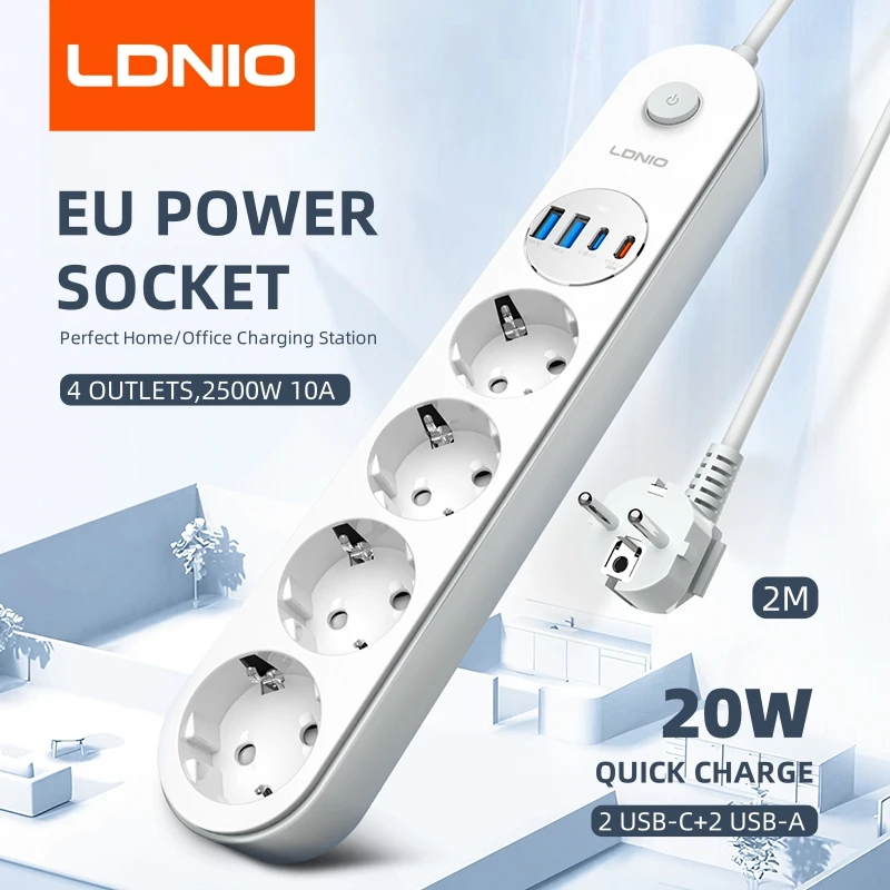 LDNIO Electric Extension 2M Power Strip Multiple European Plug Ruler Extension Outlet 20W Fast Charger Type C USB Socket Strips