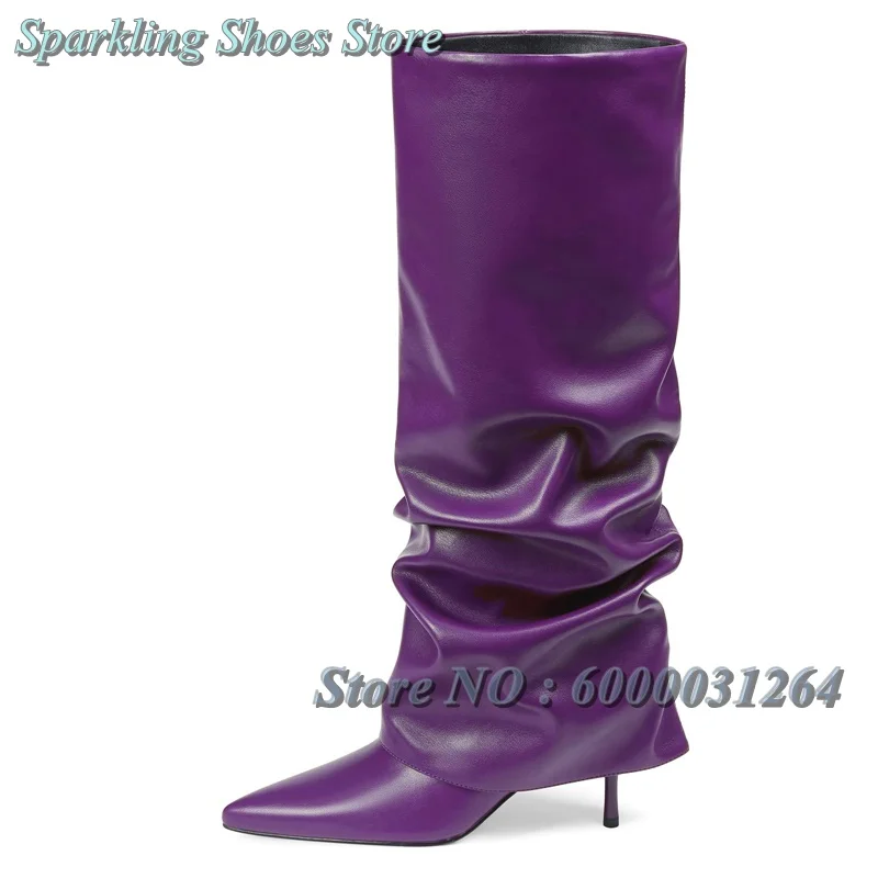 

Grape Purple Leather Pleated Knee-high Boots Red Stiletto Fashion Botas Female Dress Dating Shoes 2026 New Autumn Winter Design