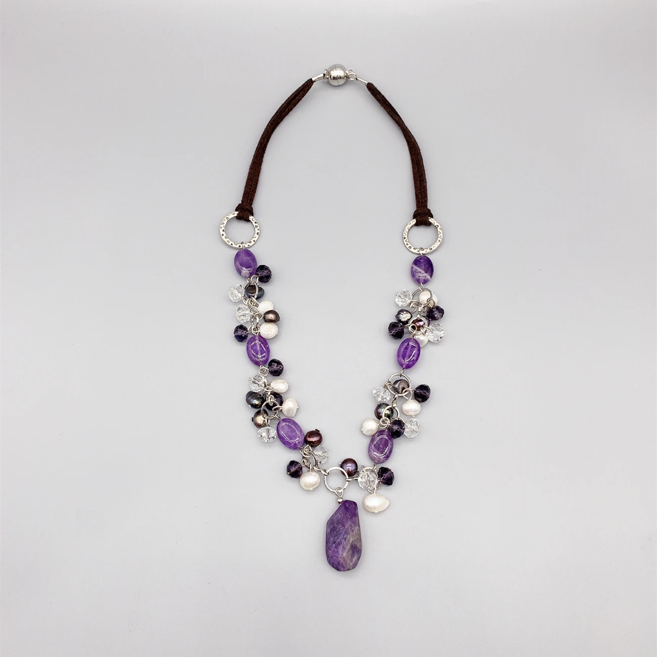 

FoLisaUnique Irregular Shape Purple Amethyst Necklace For Women Black White Potato Pearls Crystals Cluster Pendant Necklace