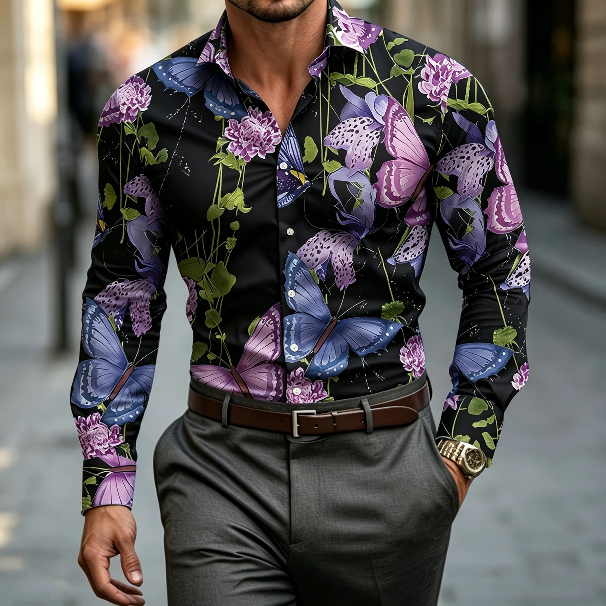 Men's collared slim-fit long-sleeved shirt, all-over floral print, flowy blouse, trendy cardigan for urban dates and vacations.