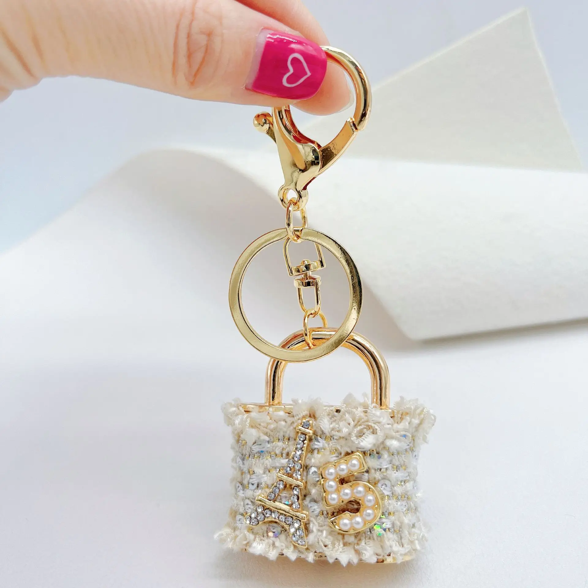 Cute Mini Coin Purses Keychain with Eiffel Tower and Number 5 Small Earphone Box Fabric Bag Key Ring