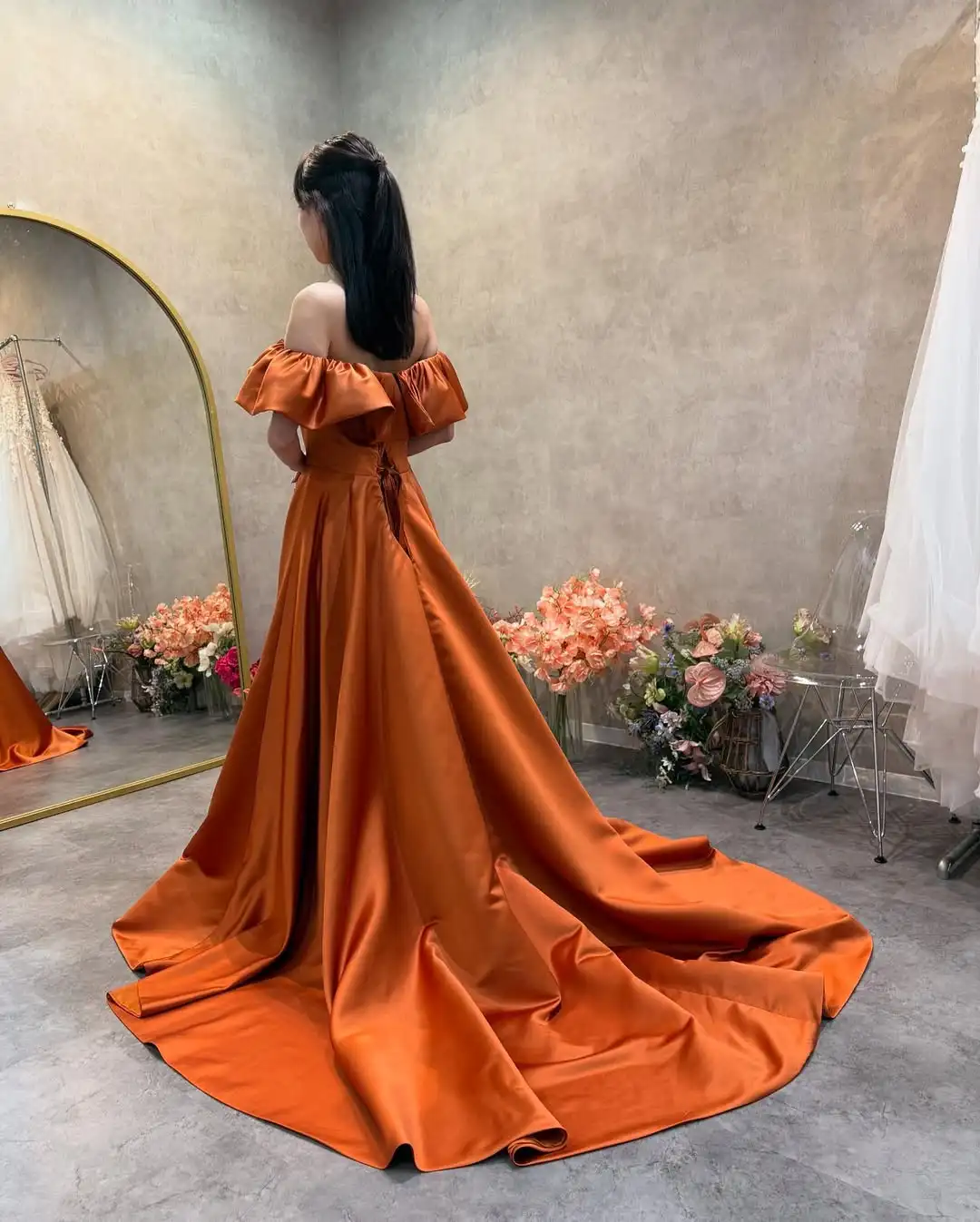 Giyu Elegant Orange Korea Wedding Dress PhotoShoot A-line Off Shoulder Floor-Length Evening Gown Dress Birthday Party Dress 2025