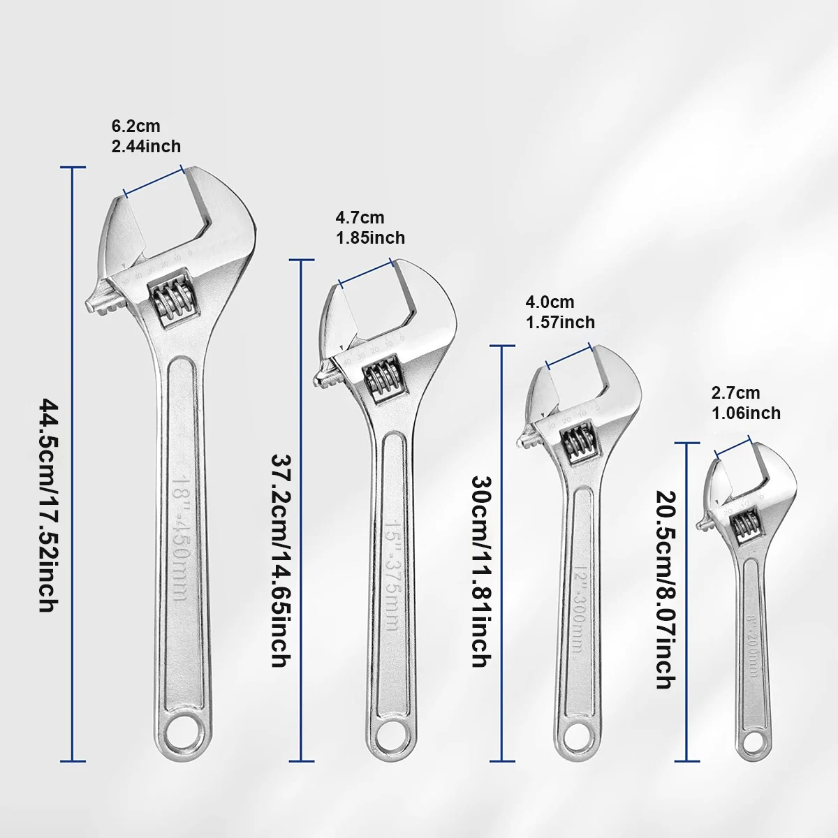 Adjustable Wrench Set  Crafted From CR-V Steel, Polished Heads, Chrome Plated CRV Material, Wide Opening Jaws