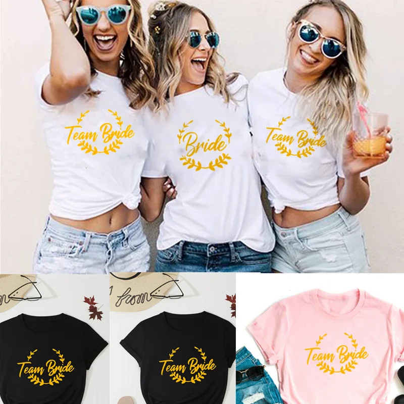 Equipe de noiva impressão feminina de manga curta camisetas de despedida de solteira festa de casamento gráfico camiseta harajuku tshirt dama de honra camisetas topos presente