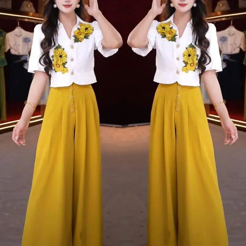 Spring and Summer New Korean Version High-end Floral Top Yellow Wide Leg Pants Two-piece Set