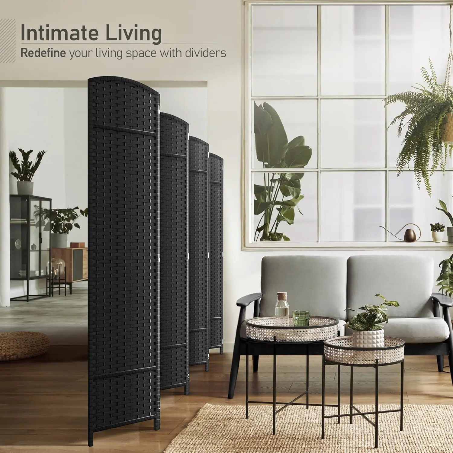 8-Panel Black Room Divider with Double Hinged Panels, 6 ft Tall Folding Privacy Screen