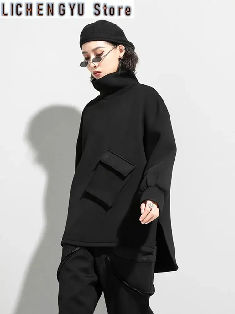

Women Big Size Pocket Irregular T-shirt New Turtleneck Long Batwing Sleeve Fashion Tide Spring Autumn