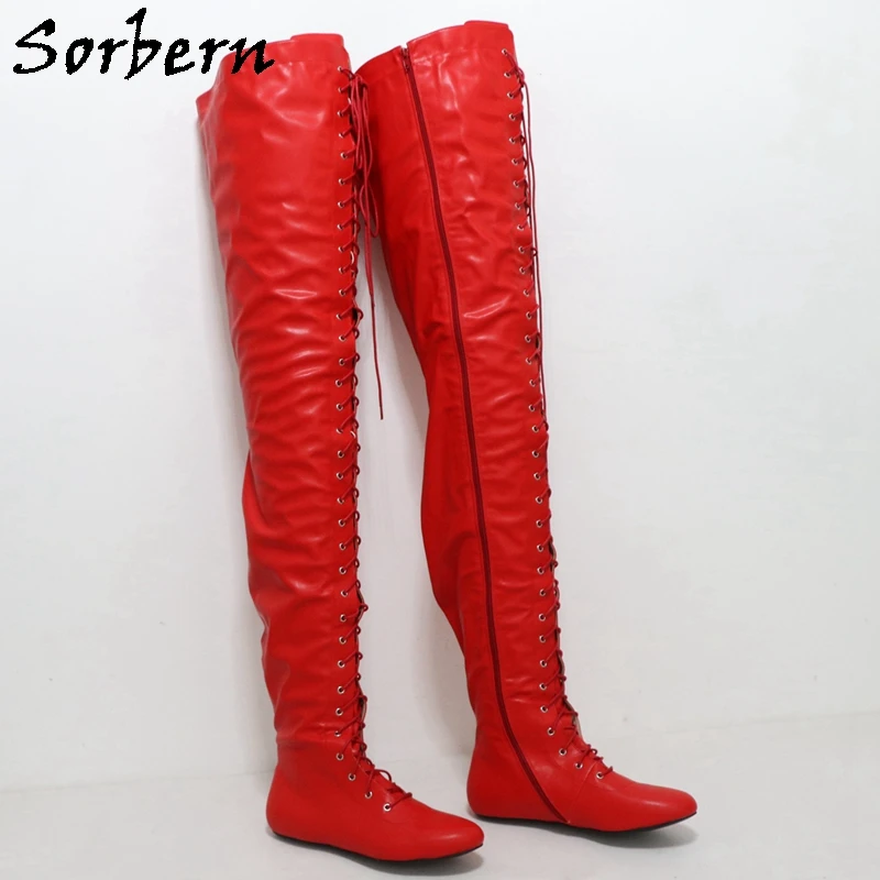 Sorbern Red Matte 97Cm Super Long Boots Women Flat Heels Round Toe Lace Zip Up Winter Style Plush Boots Unisex Custom Colors