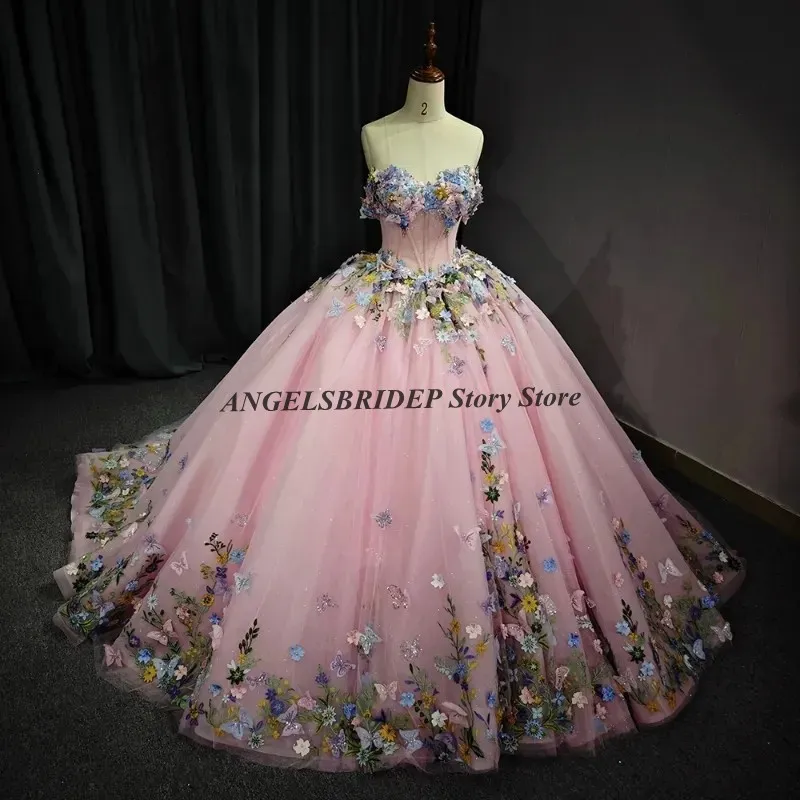 ANGELSBRIDEP-vestidos de quinceañera de color rosa con flores 3D y hombros descubiertos, apliques para fiesta de cumpleaños, cuentas con lazo, princesa de tul, dulce personalizado