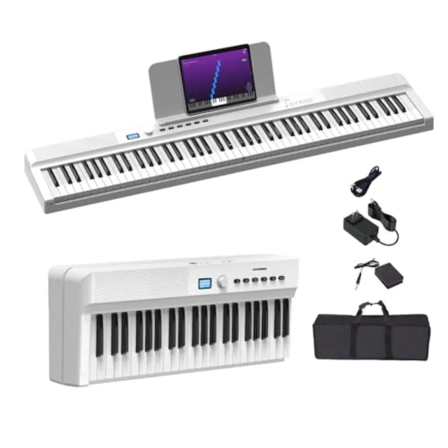 

Portable Foldable White 88 Key Full Size Semi Weighted Piano Keyboard with MIDI and Bluetooth Support Includes Sustain Pedal an