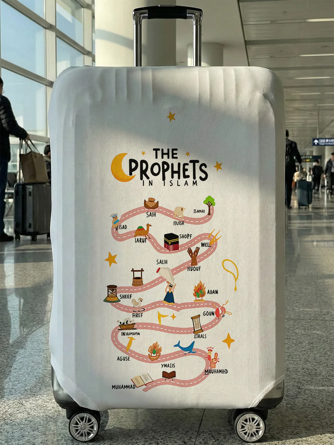

Чехол для багажа с мультяшным изображением исламских пророков и картой маршрута, подходит для чемоданов 18-32 дюймов, чехол на ручку чемодана, дорожный аксессуар
