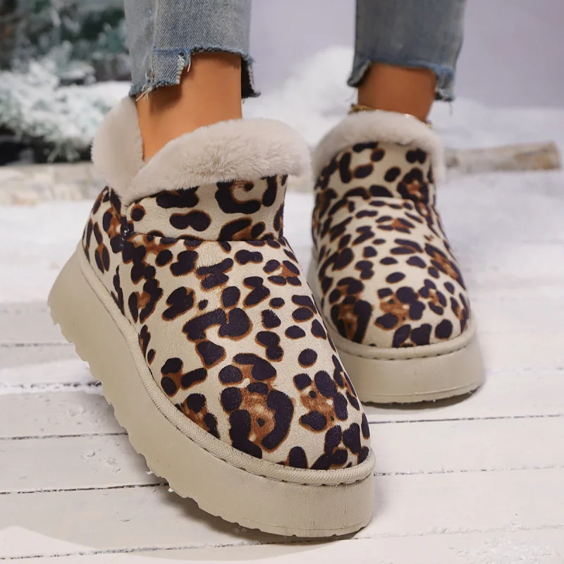 

Women's Thick Snow Boots Winter New Round Head Suede Leopard Sleeve Anti-slip Wear-resistant Short Boots