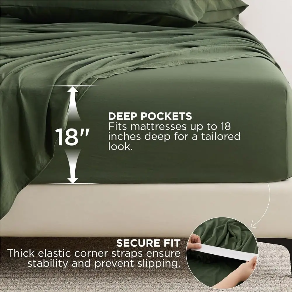 Set Sprei Queen Ultra Lembut 6 Potong, Sudah Dicuci, Cocok untuk Kasur hingga 18 inci, Bernapas & Aman, Kualitas Hotel, Hijau Zaitun