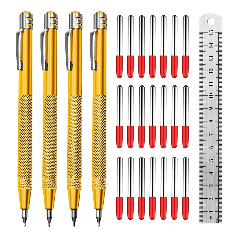 

4 Pack Tungsten Carbide Scriber With Magnet, Metal Scribe, With Extra 24 Replacement Marking Tip And Steel Ruler