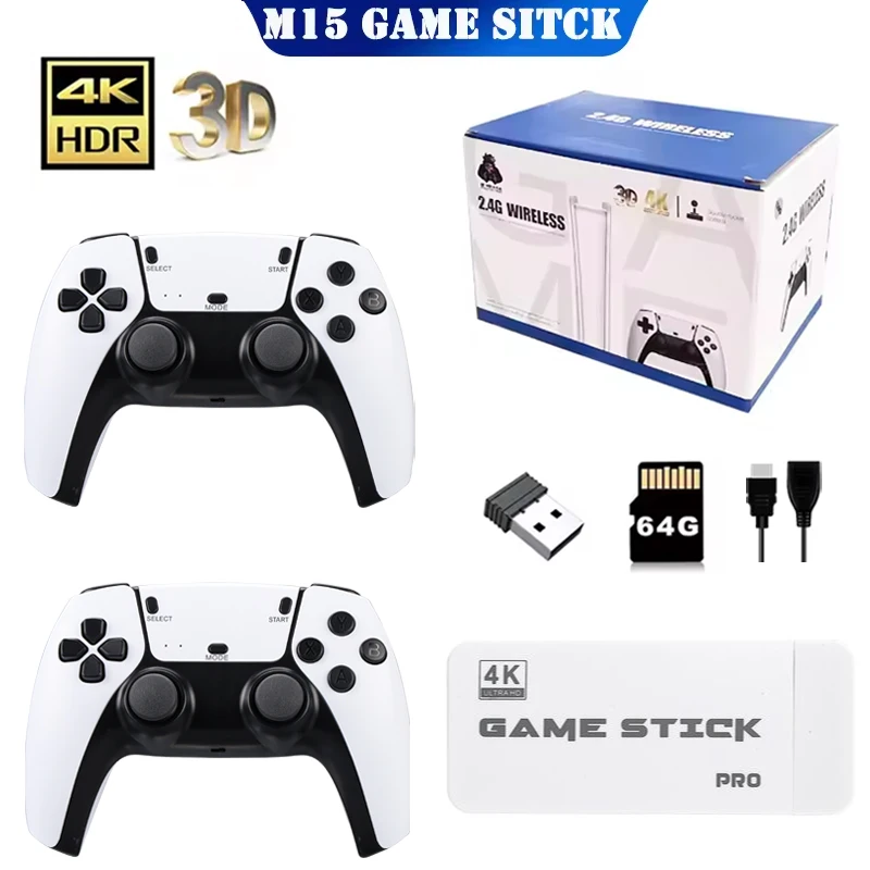 M15 Game Stick 4K Mini consola de videojuegos Retro 2,4G mando de juegos inalámbrico consola de juegos portátil 64GB 20000 juegos HDMI Out