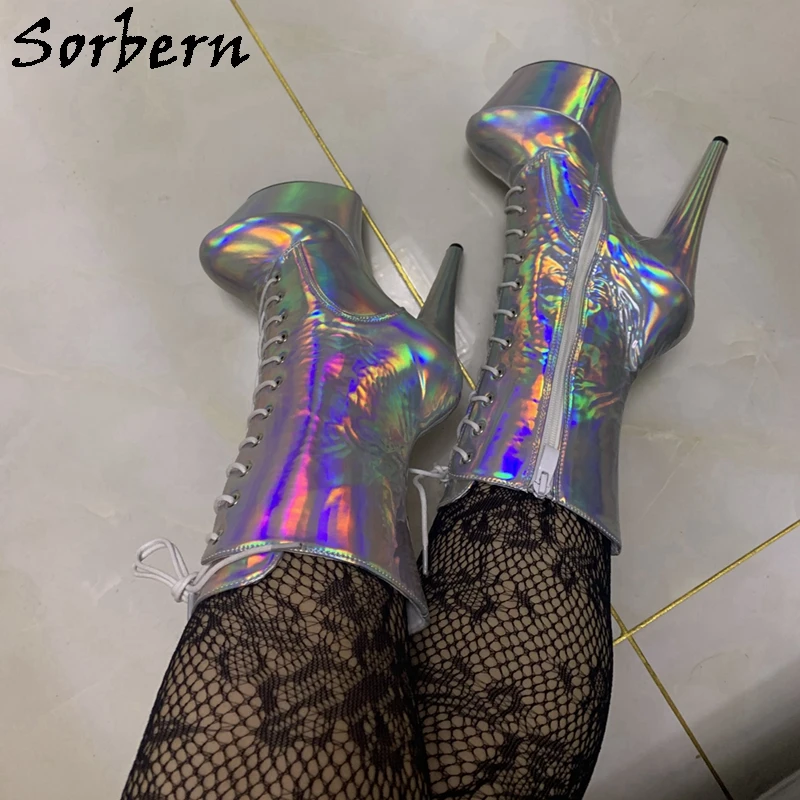 

Sorbern 17Cm Silver Holo Pole Dance Boots Unisex Lace Up Zip Stripper Heel Custom Multi Color Fetish Booties