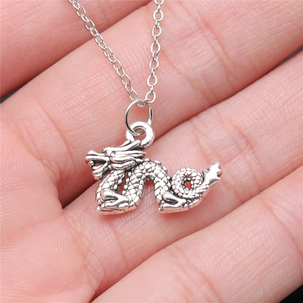 Drop Shipping Antique Silver Color 21x15mm Dragon Necklaces Short Chain Choker Necklaces