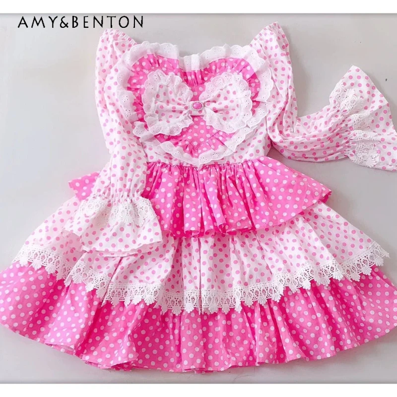 

Japanese Pink Big Peach Heart Polka Dot Sweet Women's Dress 2026 New Thin High Waist Ruffle Edge French Horn Sleeve Dress Ladies