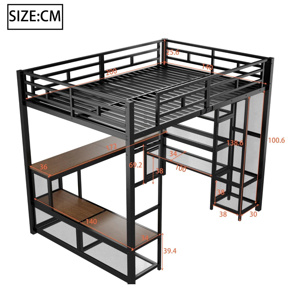 140 x 200 cm großes Hochbett aus Metall mit Stauraum und offenem Kleiderschrank, Kinderzimmerbett mit USB-Anschluss und LED-Beleuchtung, Schwarz/Weiß – Detail 5