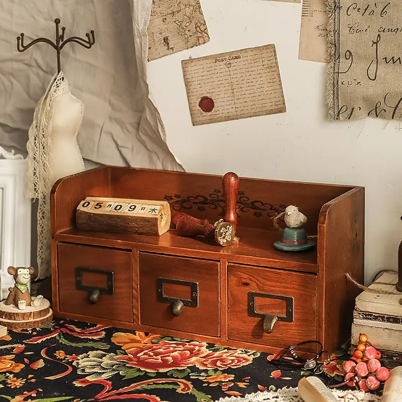 

Деревянный настольный органайзер с 3 ящиками, шкаф для ящиков стола с верхней полкой Настольные ящики для хранения стола Винтажный органайзер для принадлежностей